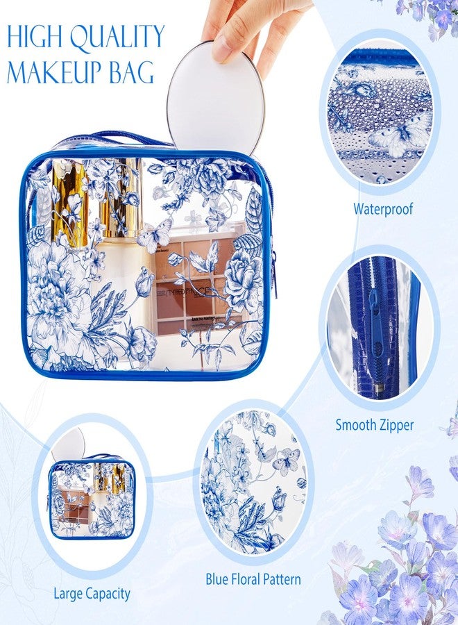 مجموعة سيل تراينجل من 10 حقائب مستحضرات تجميل شفافة مزينة بالزهور، مصنوعة من مادة PVC، مقاومة للماء، لتنظيم أدوات السفر، مثالية لحفلات الزفاف وأعياد الميلاد وحفلات استقبال المولود، هدية رائعة للنساء والممرضات ووصيفات العروس (أزرق). - Image 3